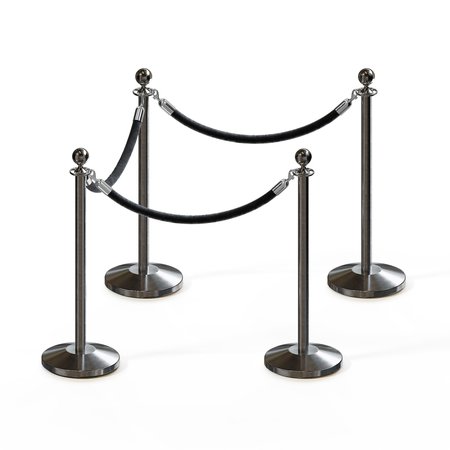 MONTOUR LINE Stanchion Post and Rope Kit Sat.Steel, 4 Ball Top3 Black Rope C-Kit-4-SS-BA-3-ER-BK-PS